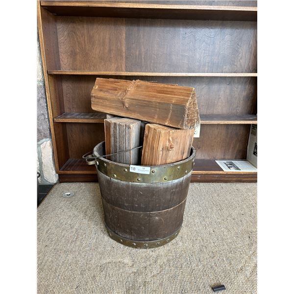 Vintage Wooden Bucket With Brass Filled With Firewood