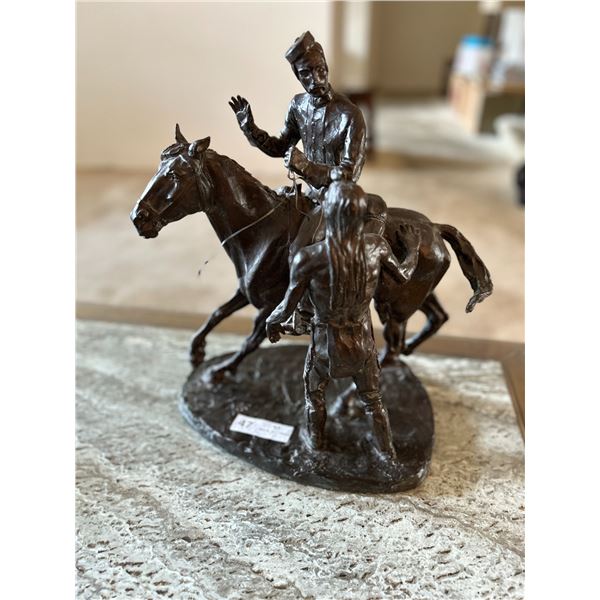 19th Century Bronze Sculpture Of Military Horse Rider Greeting Indigenous Person 12W 16H