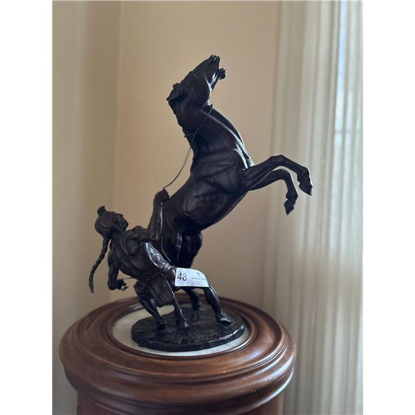 Bronze Sculpture Of Indigenous Man Holding Horse Reins 10W 17H
