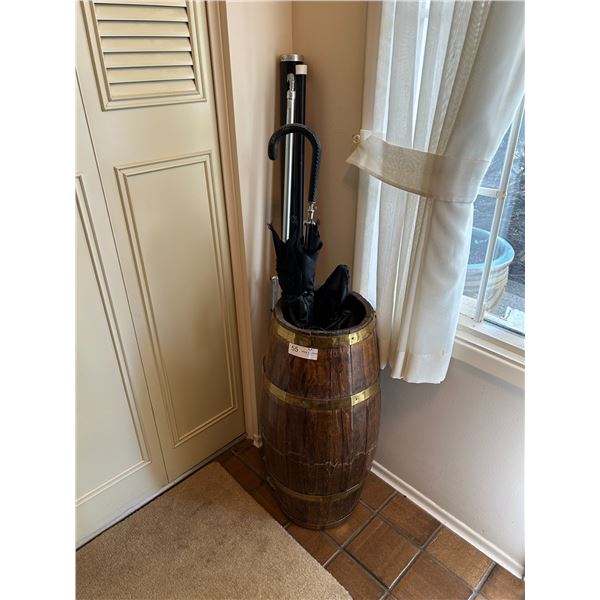 Umbrella And Vintage Storage Wooden Barrel 26H