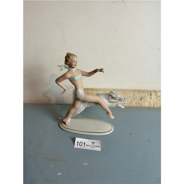 Porcelain Decorative Dancing Girl And Dog 6W 9H
