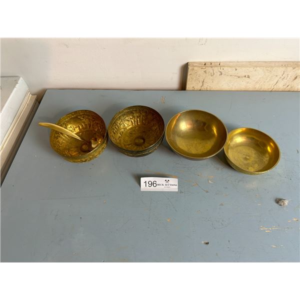 Brass Vintage Bowl Collection Of Various Sizes With A Small Brass Ladle