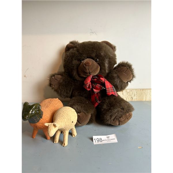Fluffy Teddy Bear And Two Decorative Hand Carved Sheep