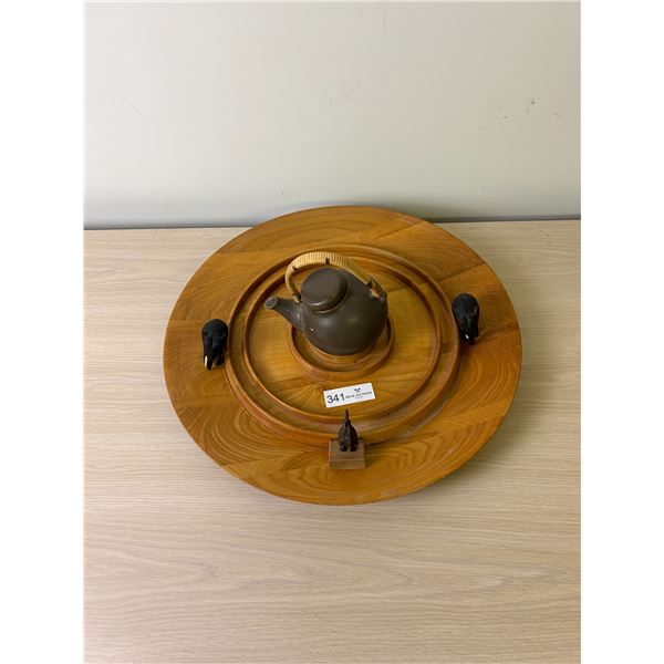 Wooden Serving Plater 20D With Tea Pot And Wooden Decor