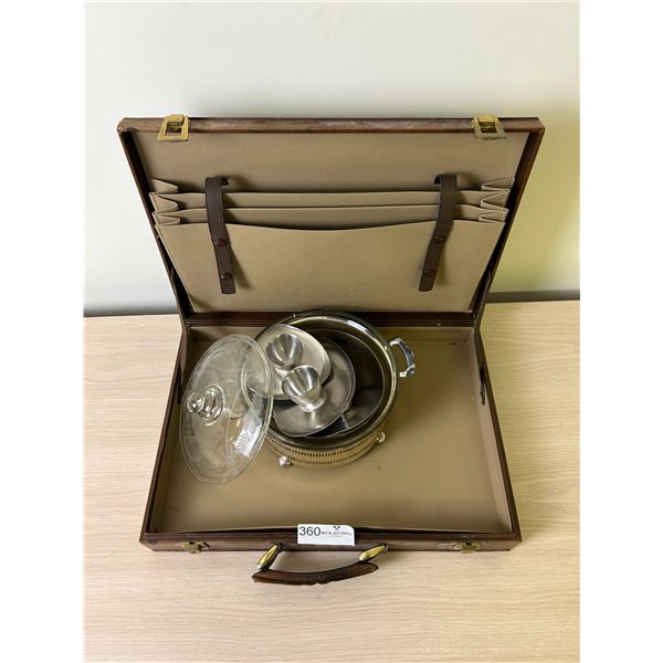 Vintage Leather Brief Case And Assorted Glass And Metal Kitchen Ware