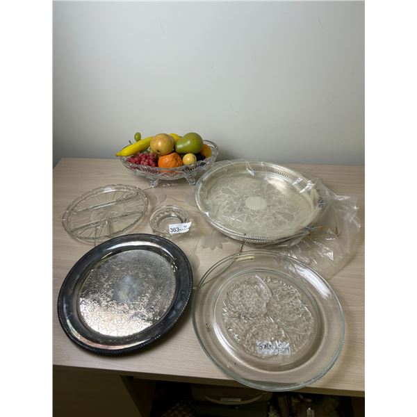Miscellaneous Serving Platers And A Bowl Of Fake Fruit