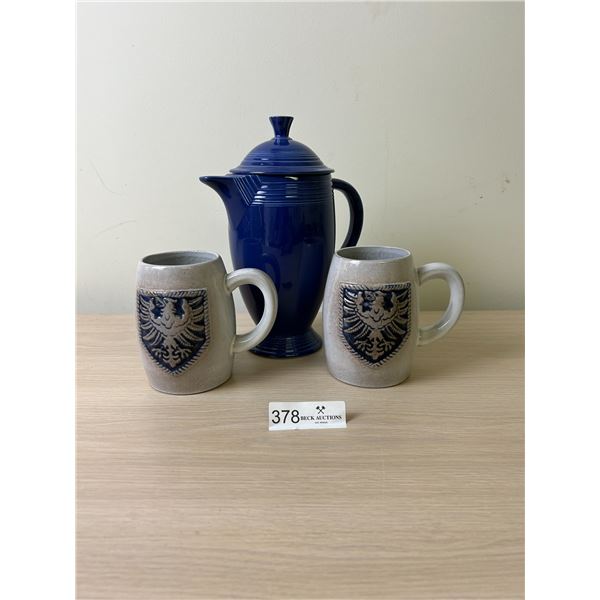 Blue Tea Pot 11H And 2 Matching Mugs 5H