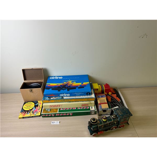 Vintage Board Games And Toy Train Set With Box Of Kid Classic Records
