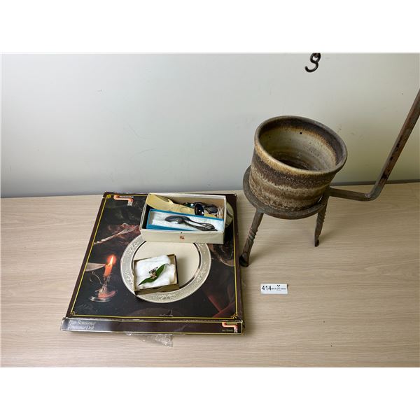 Vintage Miners Copper Lamp Stand With Ceramic Pot And Silverware Set