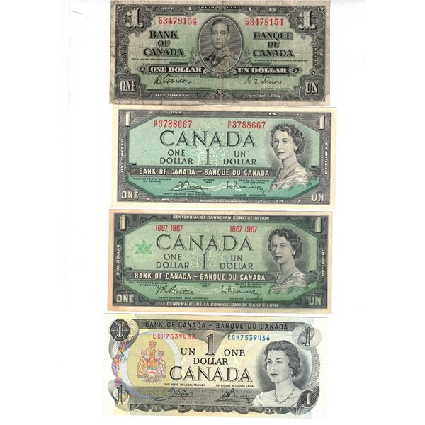 FOUR One Dollar bills,  1937 , 1954, 1967 and 1973