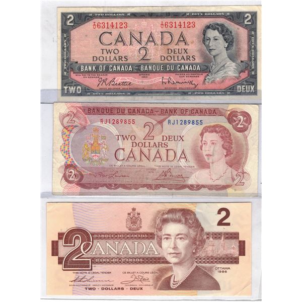 THREE Two Dollar Canadian Bills  1954, 1974 and 1986