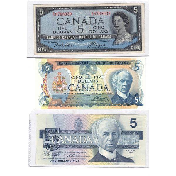 THREE Five Dollar Canadian Bills  1954DF  , 1979 and 1986