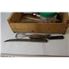 Image 2 : Wooden BC Cherries Crate w/Wooden Clothes Pins - Butcher Knives & Whip - Oiler - Metal Pieces - Ente