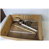 Image 5 : Wooden BC Cherries Crate w/Wooden Clothes Pins - Butcher Knives & Whip - Oiler - Metal Pieces - Ente