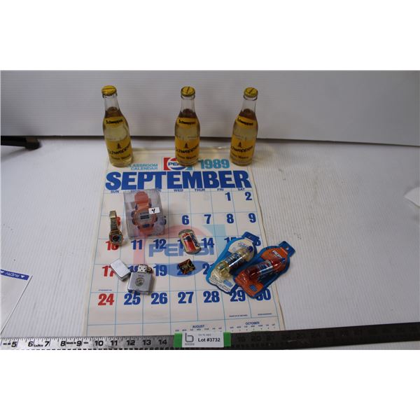 (3) Sweppes Tonic Water Bottles, 2 Pepsi Watches, 1989 Pepsi Calendar, Pepsi Lighter, Pepsi Magnet,
