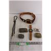 Image 1 : Vintage Western Belt and Buckle, (4) Farm-Themed Belt Buckles, Dejuno Quartz Western Watch with Leat