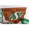 Image 7 : Saskatchewan Roughriders Handmade Cuba Leather Etching, Scarf, (2) Lamb Rum Tapes, Corby's Earphones
