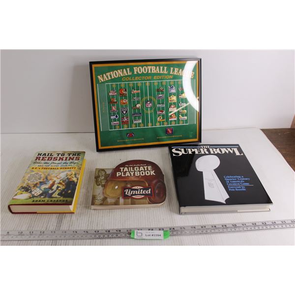 NFL Collector Edition AFC/NFC Pins - Framed, 14 1/2" x 11 1/2"; The Super Bowl Book, Tailgate Playbo