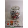 Image 1 : 5 Cent Large Peanut Butter Jar with Pinback Buttons from 1970s-Present