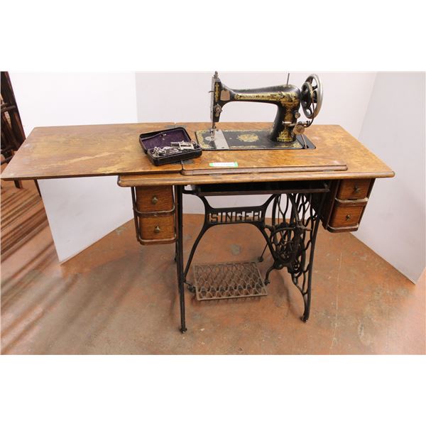 * Antique Singer Sewing Machine in Cabinet with Accessories and Stand