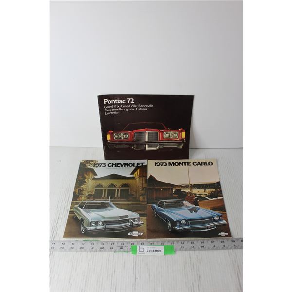 (3) Car Pamphlets - Pontiac 1972, Chevrolet 1973, Monte Carlo 1973