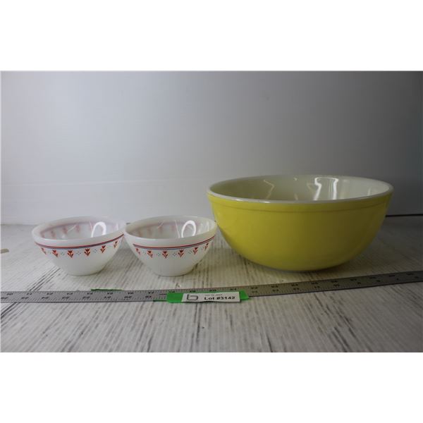 Pyrex Mixing Bowl and (2) Thermo-Rey Milk Glass Bowls