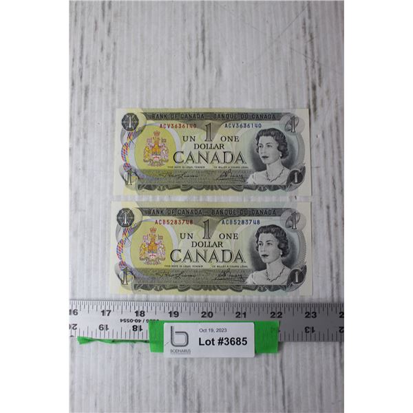 (2) Canadian New Style One Dollar Bills - Uncirculated