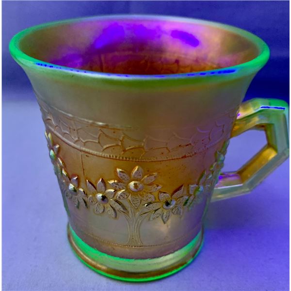 Fenton "Orange Tree" Uranium Carnival Glass Marigold on Vaseline Shaving Mug - Very Rare, Circa 1909