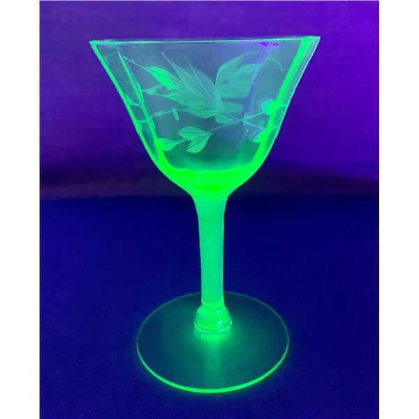 Uranium/Depression Glass Wheel-Cut Floral Stemmed Wine Glass - Rare, Circa 1930s