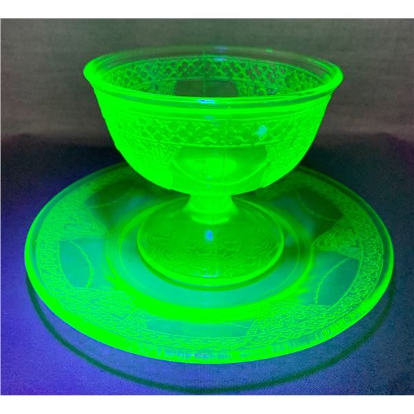 Uranium Depression Glass - Chipped, Circa 1930s Rare Pattern "Georgian Lovebirds"