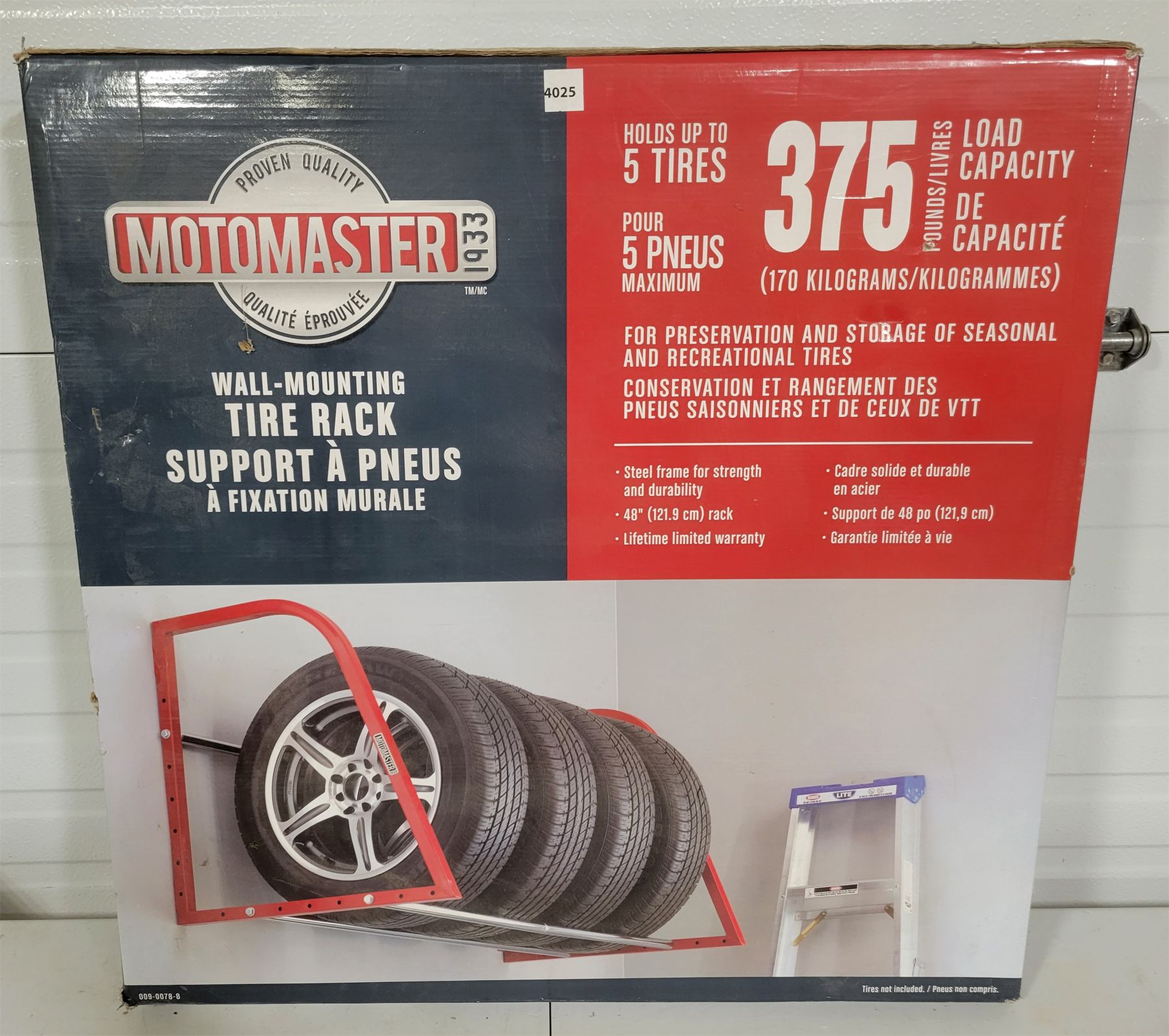 MOTOMASTER WALL-MOUNTING TIRE RACK APPEARS AS NEW