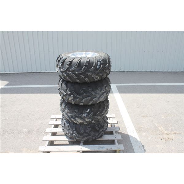 Mag Off Road set of 4/ 25x10.00-12 tires on 4 bolt Kubota RTV alluminum rims, 100% tread