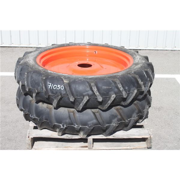 Firestone Pair of 9.5-32 tires on 6 bolt steel Kubota OEM rim, 100% tread, 5 1/4" pilot, 6 3/4" bolt