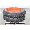 Image 1 : Firestone Pair of 9.5-32 tires on 6 bolt steel Kubota OEM rim, 100% tread, 5 1/4" pilot, 6 3/4" bolt
