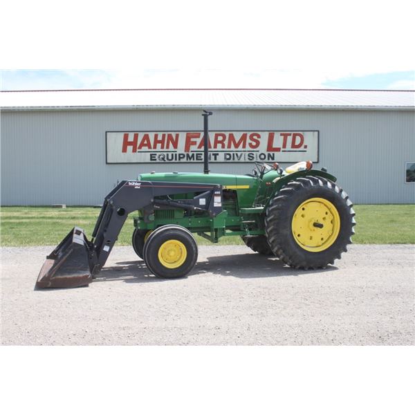 JD 3130 2wd tractor, 18.4x34, hi/lo, 2 remotes, Buhler Allied loader, showing 658 hours