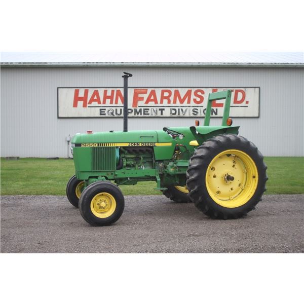 JD 2550 2wd tractor, rops, hi/lo, 2 remotes, 15.5x38, 6430 hours, off local estate. Mounted cultivat