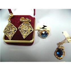 Costume Jewelry, Pair of Filigree Earrings and Blue Stone Necklace and Ring   (97)