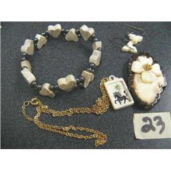 Scrimshawed Ivory Pendant, Ivory Flower with Gold Nuggets, Heart Bracelet, Ivory Earrings  (71)