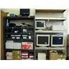 Image 1 : Lot of 2 metal shelves with electric staplers, computer keyboards, computers, monitors