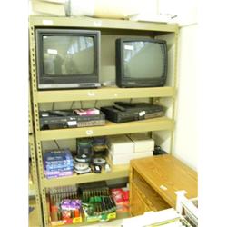 Metal Shelf (2) televisions, (2) Go Video VCR lot of video tapes
