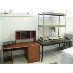 Lot of:: credenza, desk, work table, paper cutter, paper trimmer by Rota Trim, metal shelf