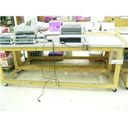 Wooden Roll around work table with Electric IBICO binder machine EPK 21 S/N 1534 & (2) Rhin-o-tuff e