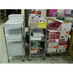 Lot of 3: 2 metal rolling shelves & wooden rolling pallet all full of paper including LUNA cover Mat