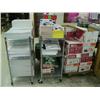 Image 1 : Lot of 3: 2 metal rolling shelves & wooden rolling pallet all full of paper including LUNA cover Mat