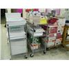 Image 2 : Lot of 3: 2 metal rolling shelves & wooden rolling pallet all full of paper including LUNA cover Mat