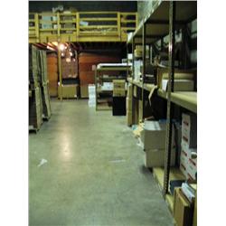 Warehouse including Balcony: rolls of paper, cardboard boxes, office supplies, Ricoh copier, foam bo
