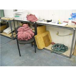 Lot of 3 metal shelves with chair,  paper,  rags
