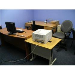 Office: Metal shelves, safe, folding table, computer, file cabinet, 3 office chairs, plant, desks, f