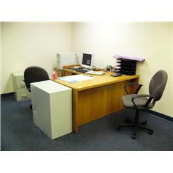 Office: Phillips stereo, end tables, file cabinets, desk, office chairs, computer, floor lamp