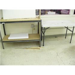 Lot of metal shelf, folding table, des